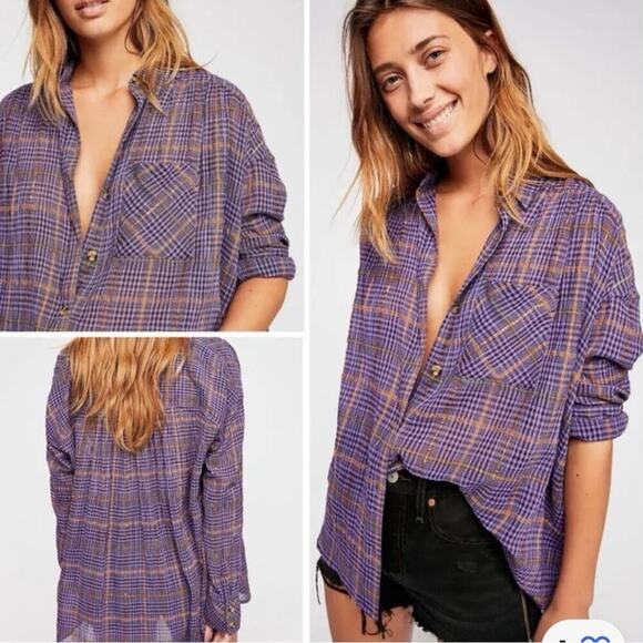 Free People Break My Stride Metallic Plaid Oversized Button Down Violet XS - Picture 3 of 11